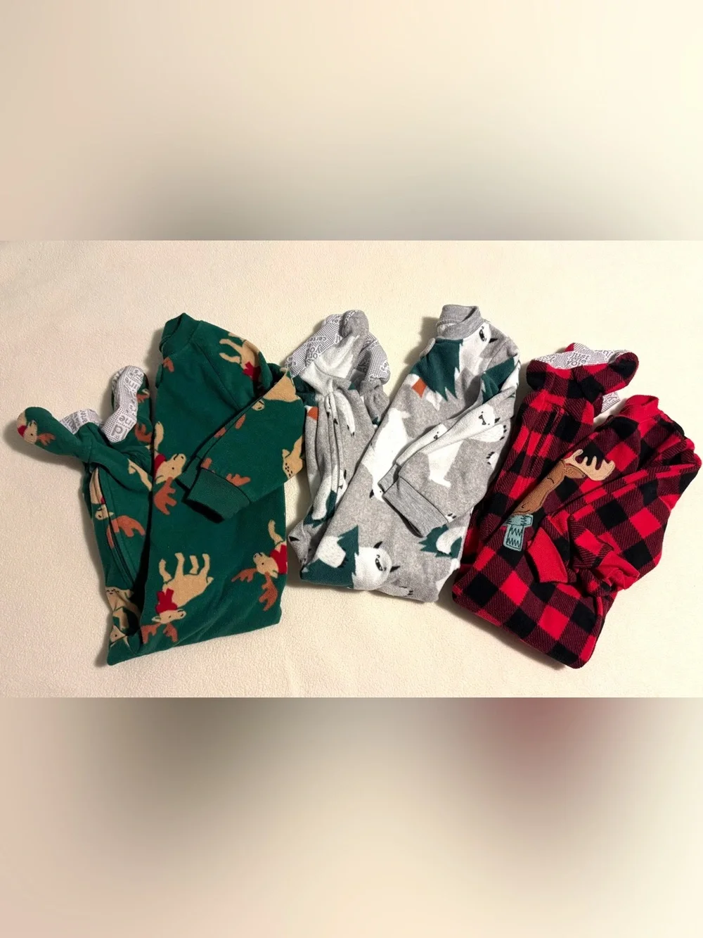 Carter’s 12M Fleece Footed PJs Winter Set of 3 Buffalo Plaid Moose Bear Winter